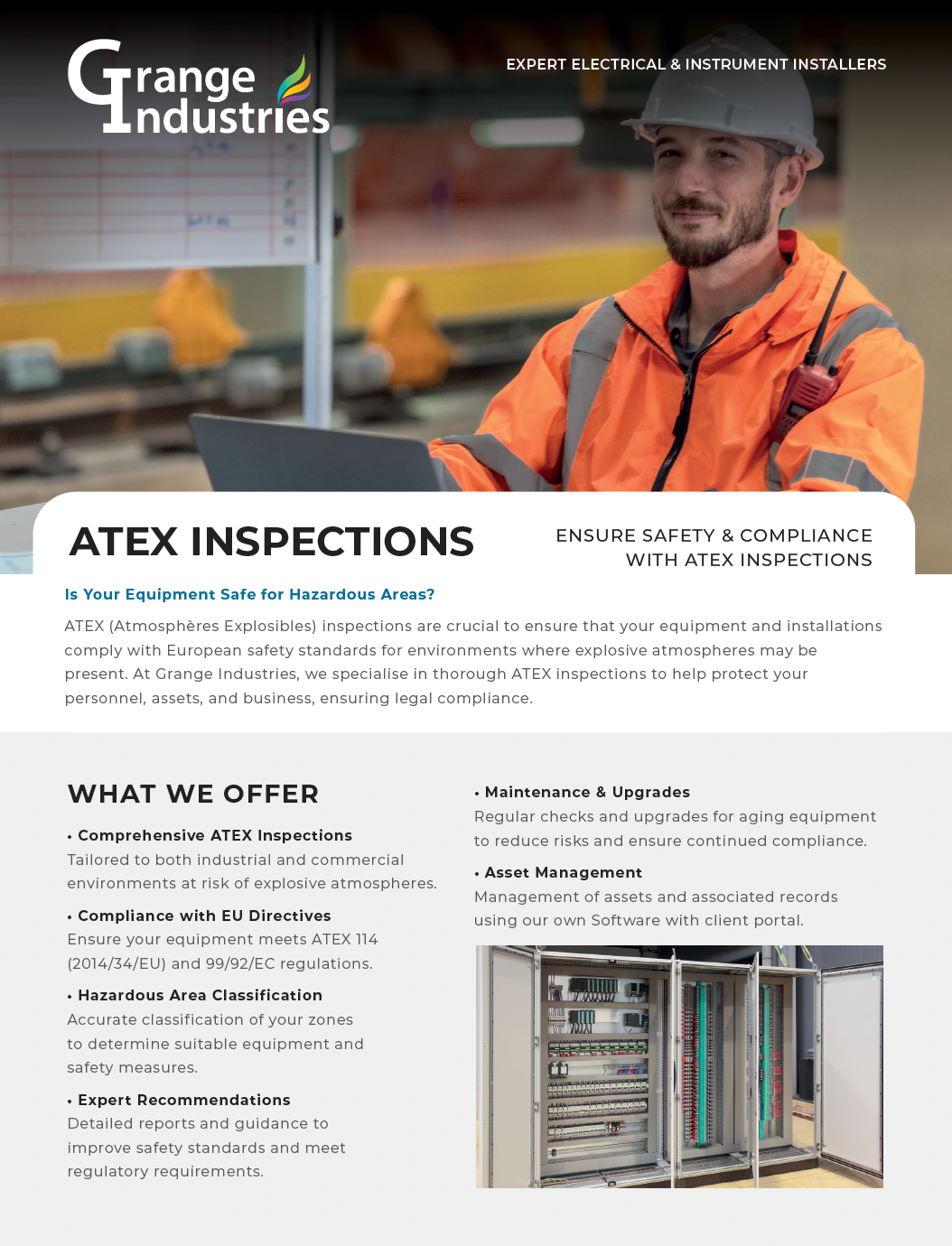 ATEX inspections flyer with a worker in orange safety gear and industrial equipment photos