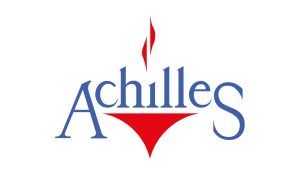 Achilles logo in blue and red with stylized red spear above the wordmark