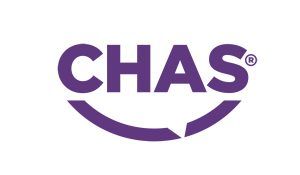 Purple CHAS logo with a curved smile-like underline on a white background