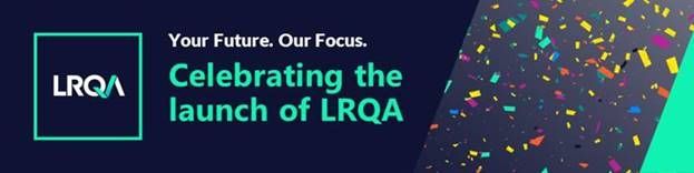 LRQA logo with colorful confetti and text celebrating the launch of LRQA