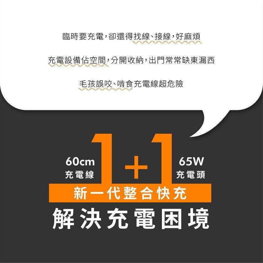 iWALK FLEX 自帶線快充頭 65W GaN 氮化鎵 豆腐頭