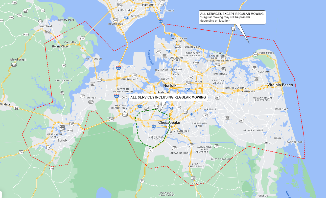 Map of the Hampton Roads region in Virginia, USA, outlined in red with labels for cities and waterways.