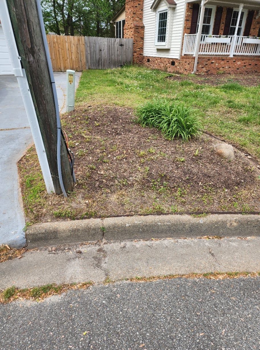 Bare patch of dirt in front yard next to a curb and a utility pole. House and fence in background.