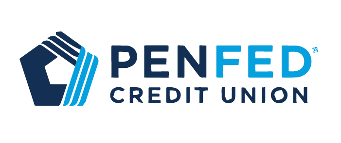 PenFed Credit Union logo: dark blue Pentagon with blue stripes, dark blue text 
