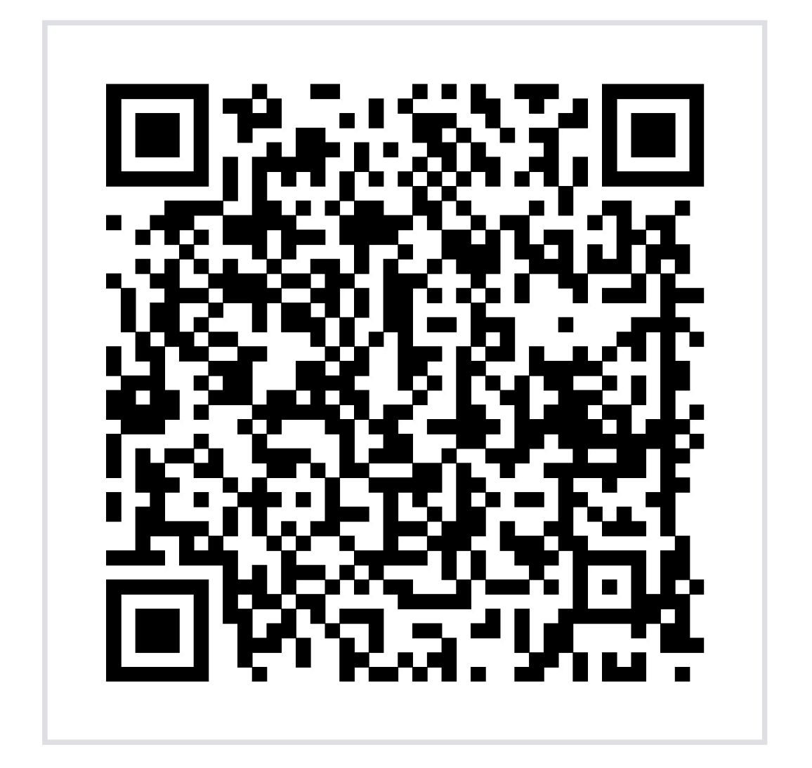 QR code. Black and white, square, containing encoded information, surrounded by a white border.