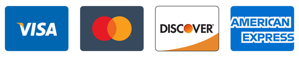 Logos for Visa, Mastercard, Discover, and American Express credit cards.