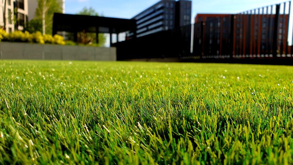 Close-up view of bright green artificial turf with modern buildings in the blurred background.