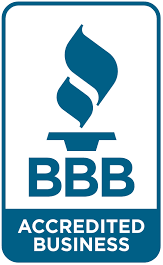 BBB Accredited Business logo, blue flame icon above the letters