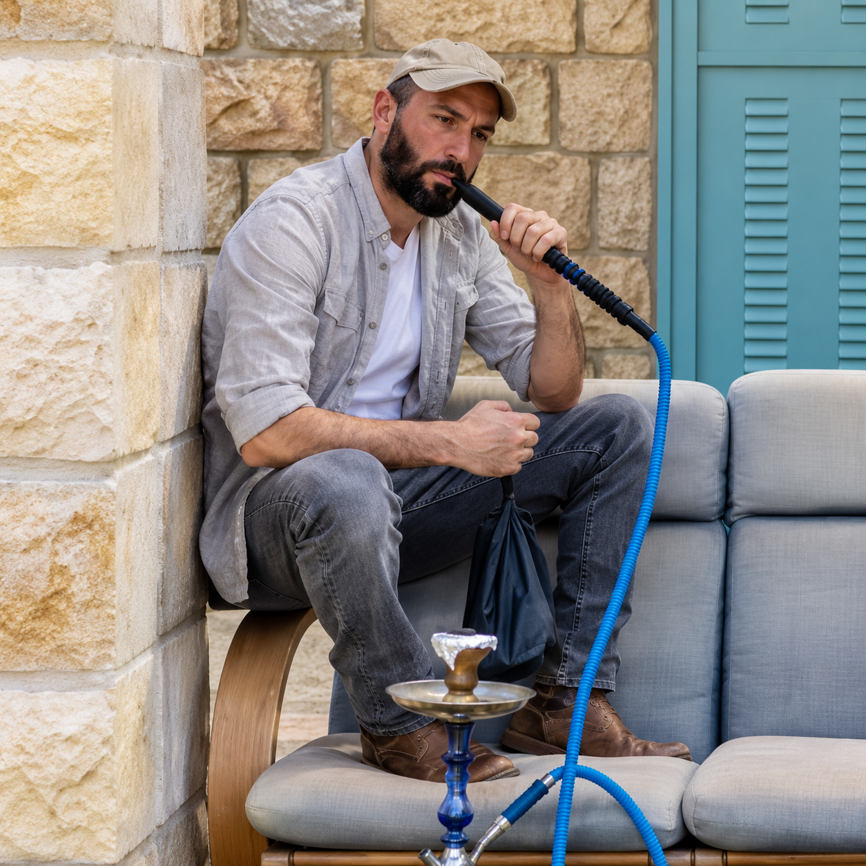 אבו טאבלה יושב עם מיקרופון על ספה