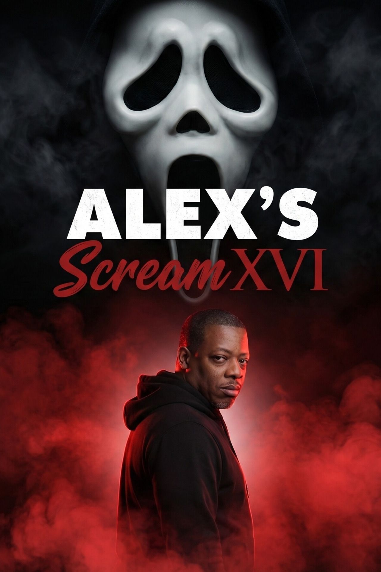 Alex’s Scream XVI poster with Ghostface above a man in a black hoodie amid red smoke
