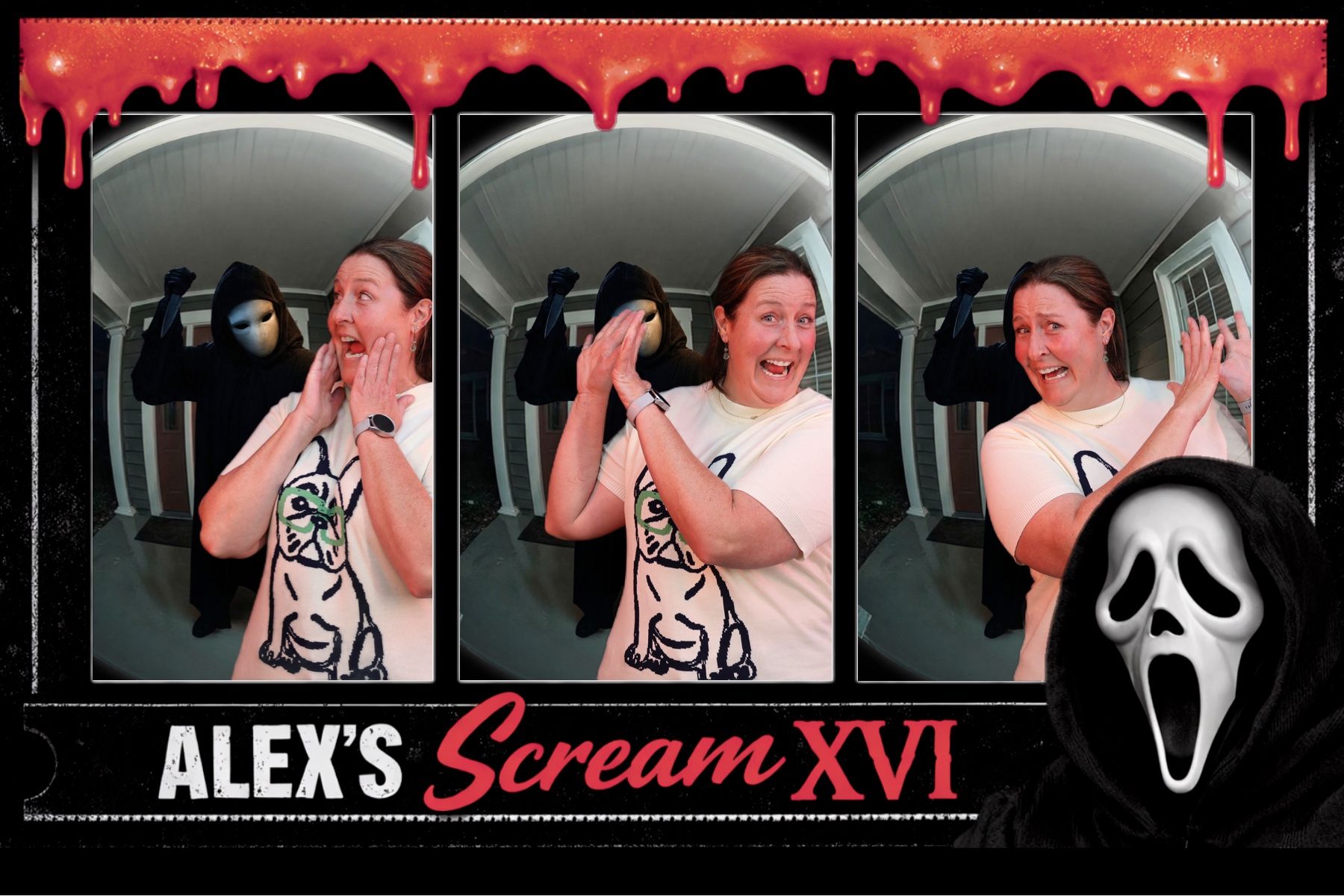 Alex on a haunted ride, screaming and laughing in a three-panel Halloween-themed photo strip with a ghost mask icon.