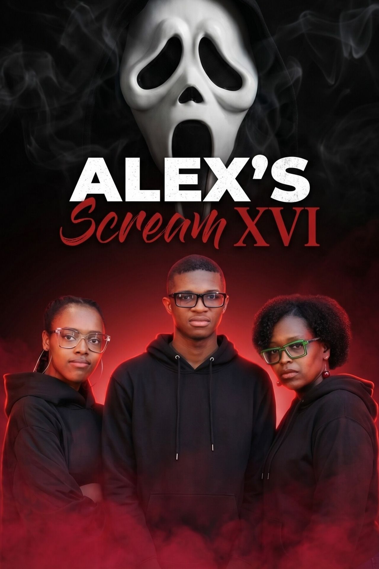 Poster for “ALEX’S Scream XVI” with a ghost mask above three people in black against a smoky red background
