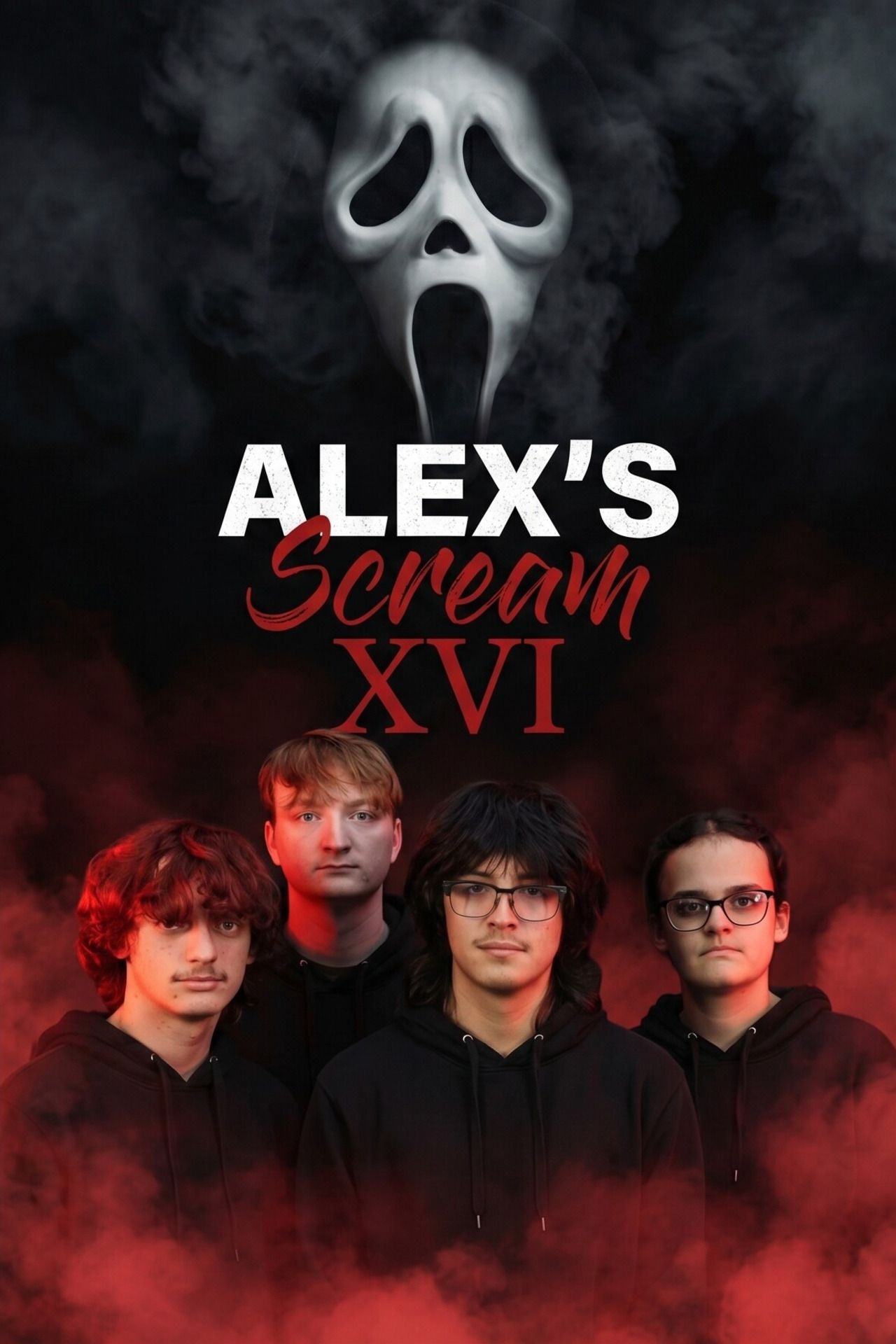 Poster with ghost face mask, “ALEX’S Scream XVI” text, and four people in dark clothing amid red smoke