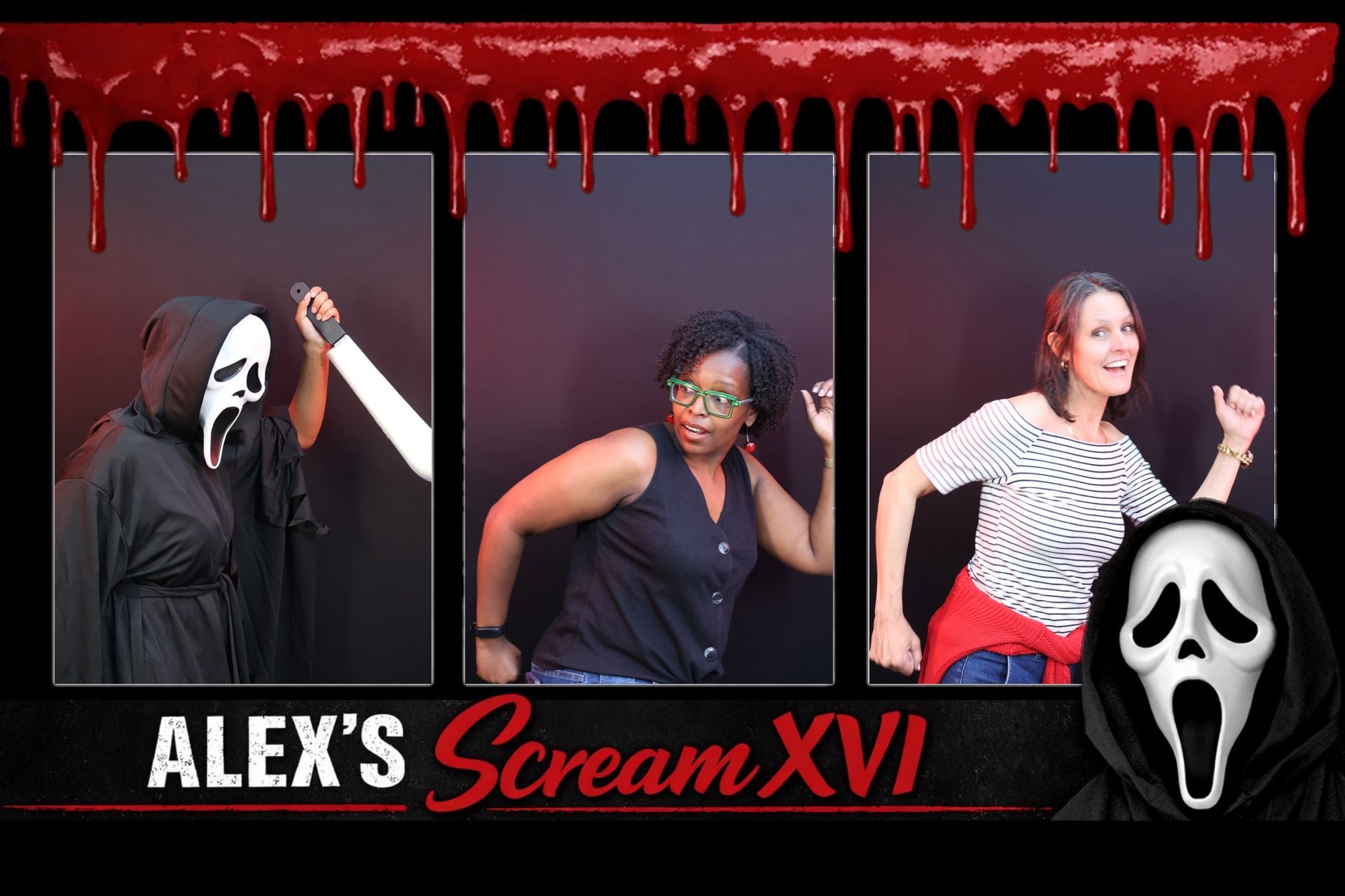 Scream-themed collage with three people posing against a black and red dripping backdrop, titled “Alex’s Scream XVI”