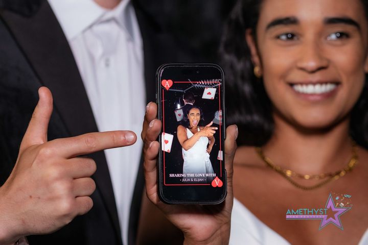 Wedding guests displaying a custom digital photo booth image created by Amethyst Star Ventures in Central Texas
