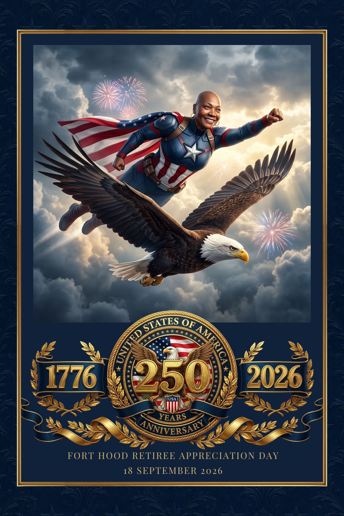 Black guest flying beside an eagle in a Fort Hood retiree appreciation AI photo booth portrait