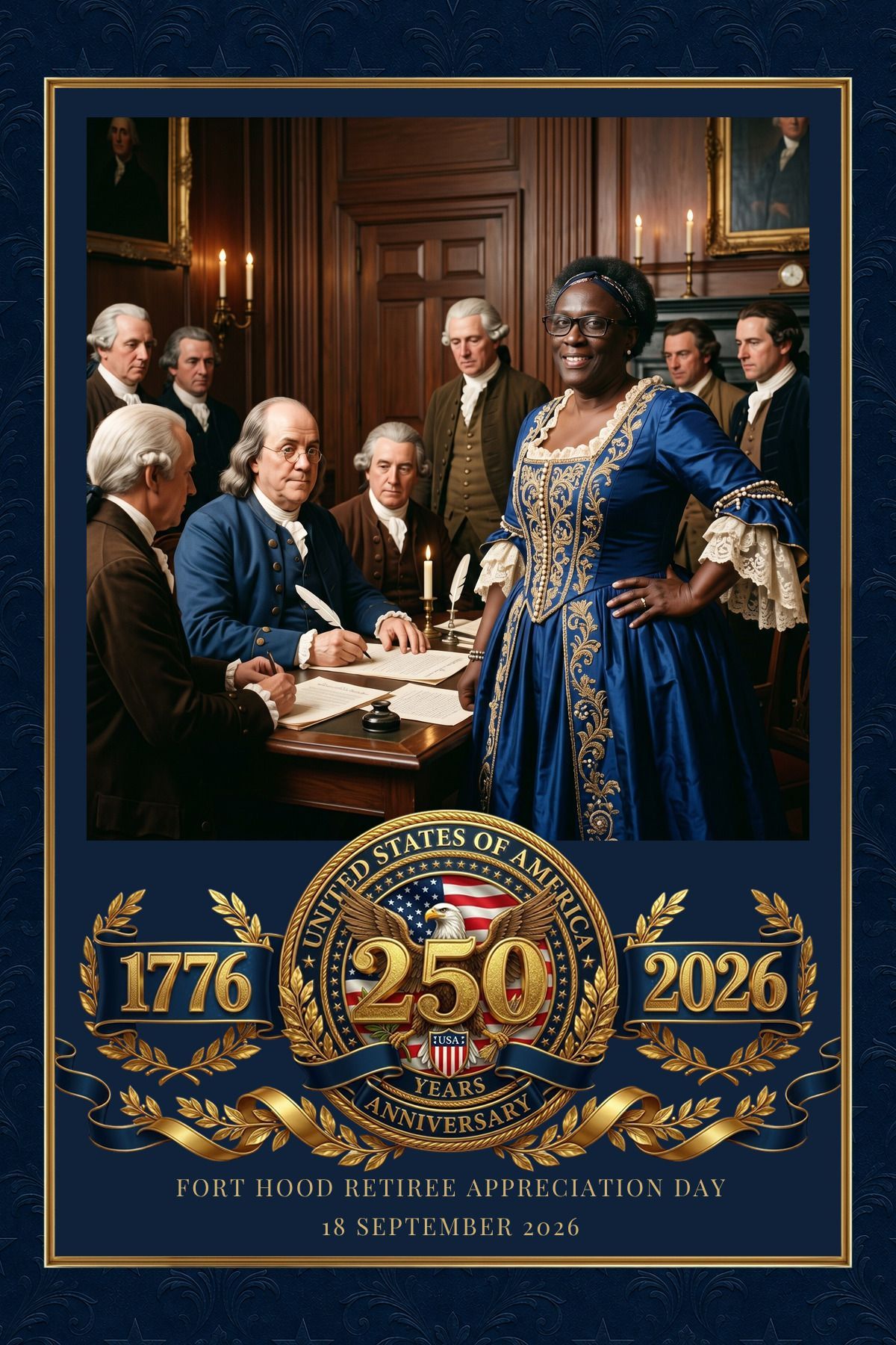 Black guest in a colonial inspired AI portrait from the Fort Hood retiree celebration photo booth