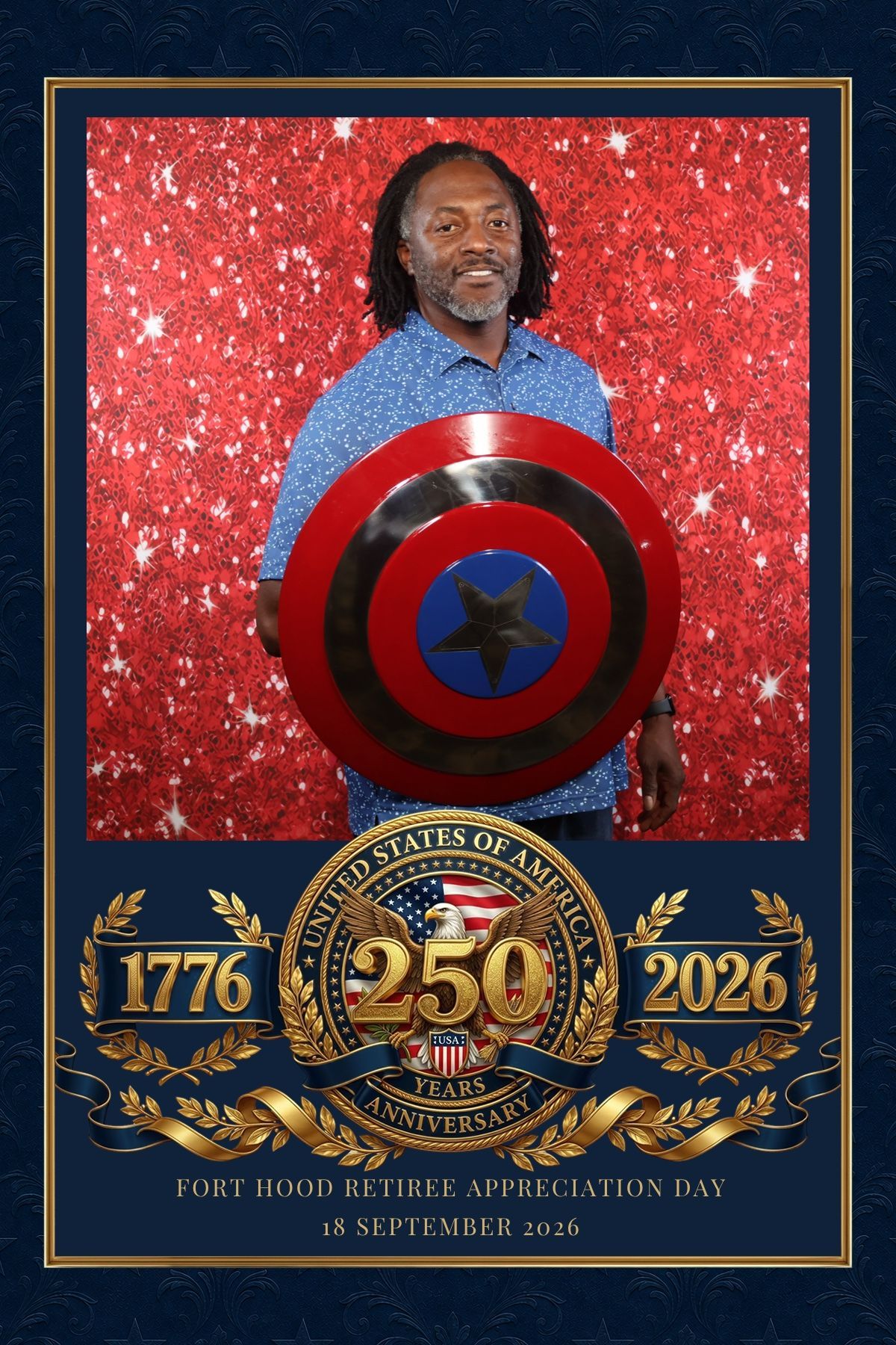 Black guest holding a Captain America shield at the Fort Hood Retiree Appreciation Day photo booth