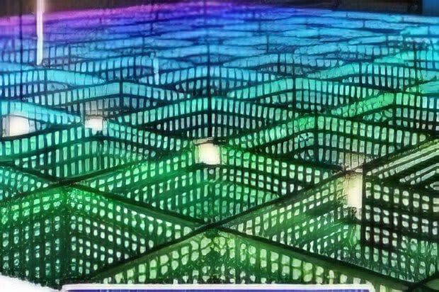 Rows of glowing green and blue LED panels in a grid-like indoor display