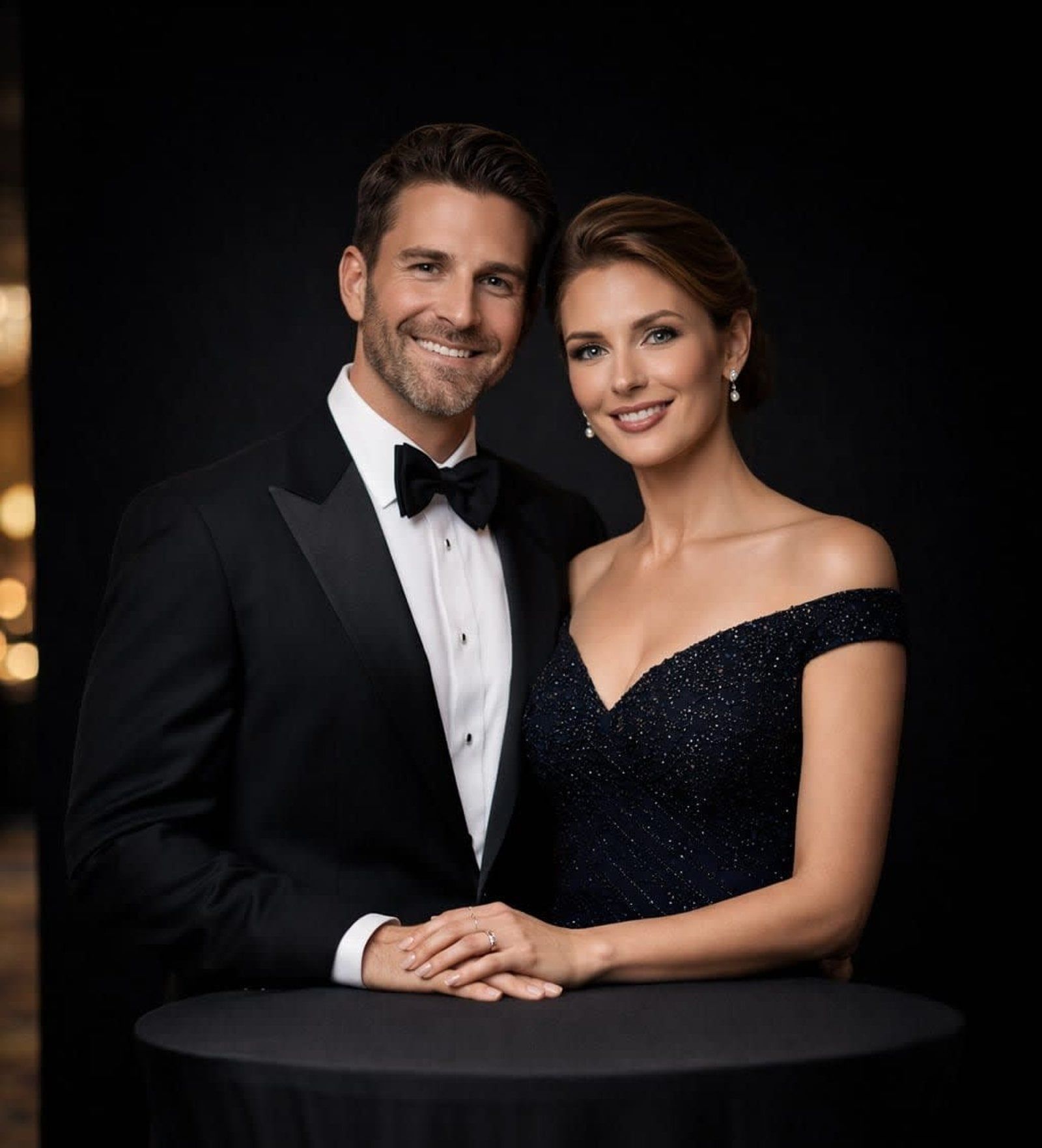 Two people in formal attire smiling at a round table against a dark backdrop