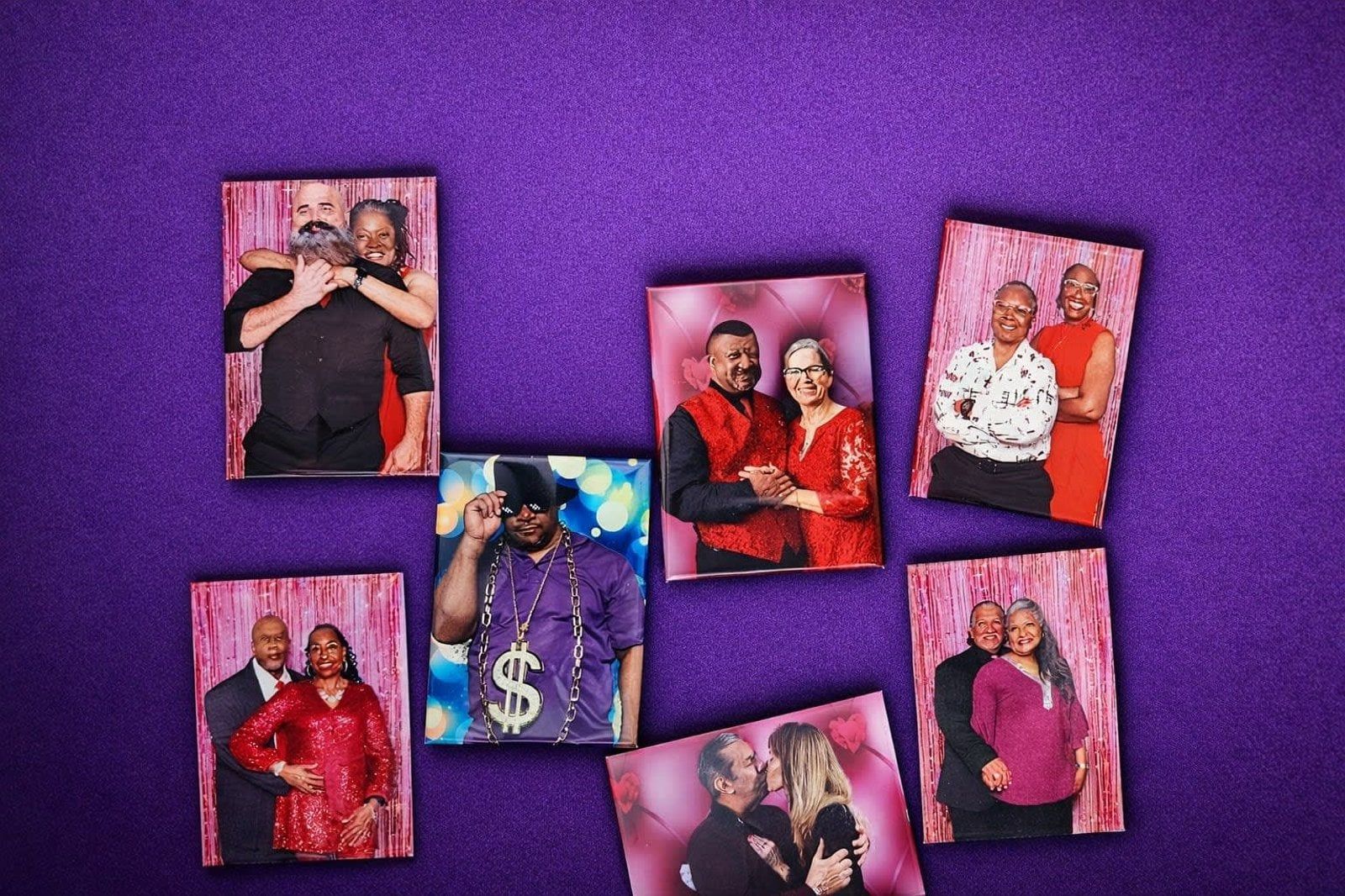 Six small framed portraits arranged on a purple background.