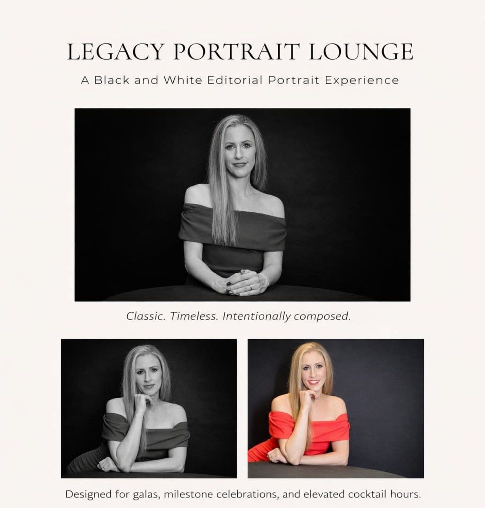Black-and-white portrait lounge promo with three posed photos and text on a cream background