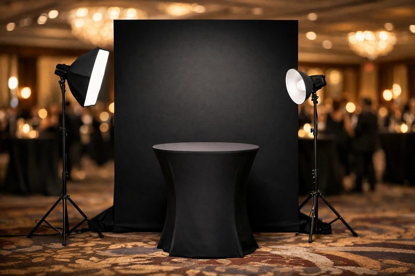 Black backdrop with studio lighting and a small round table in a blurred indoor event venue