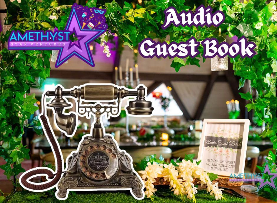 Vintage telephone on a floral table beside a guest book sign, with purple Amethyst branding.
