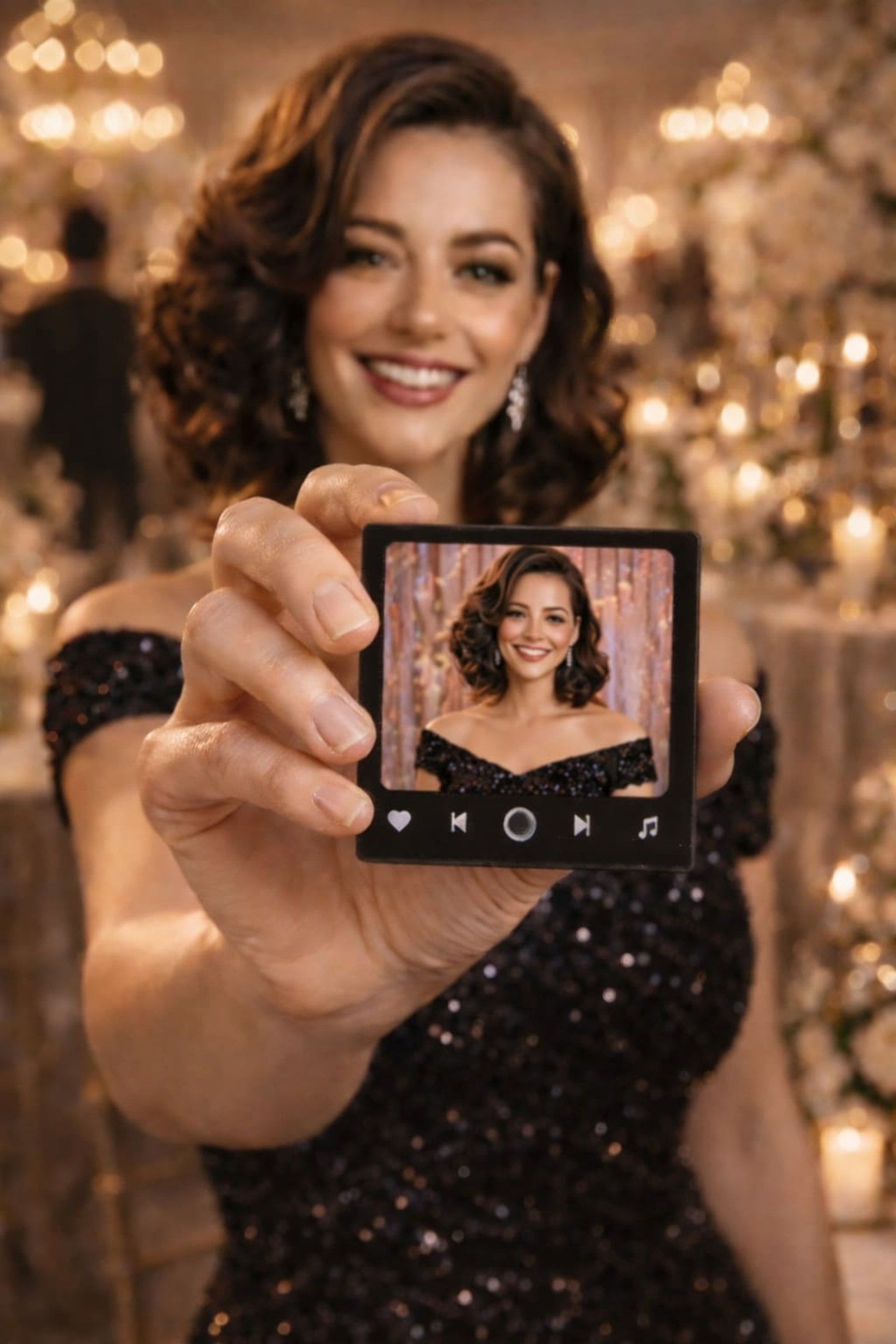 Smiling woman in a sparkly black dress holding up a camera display in a warm, festive setting