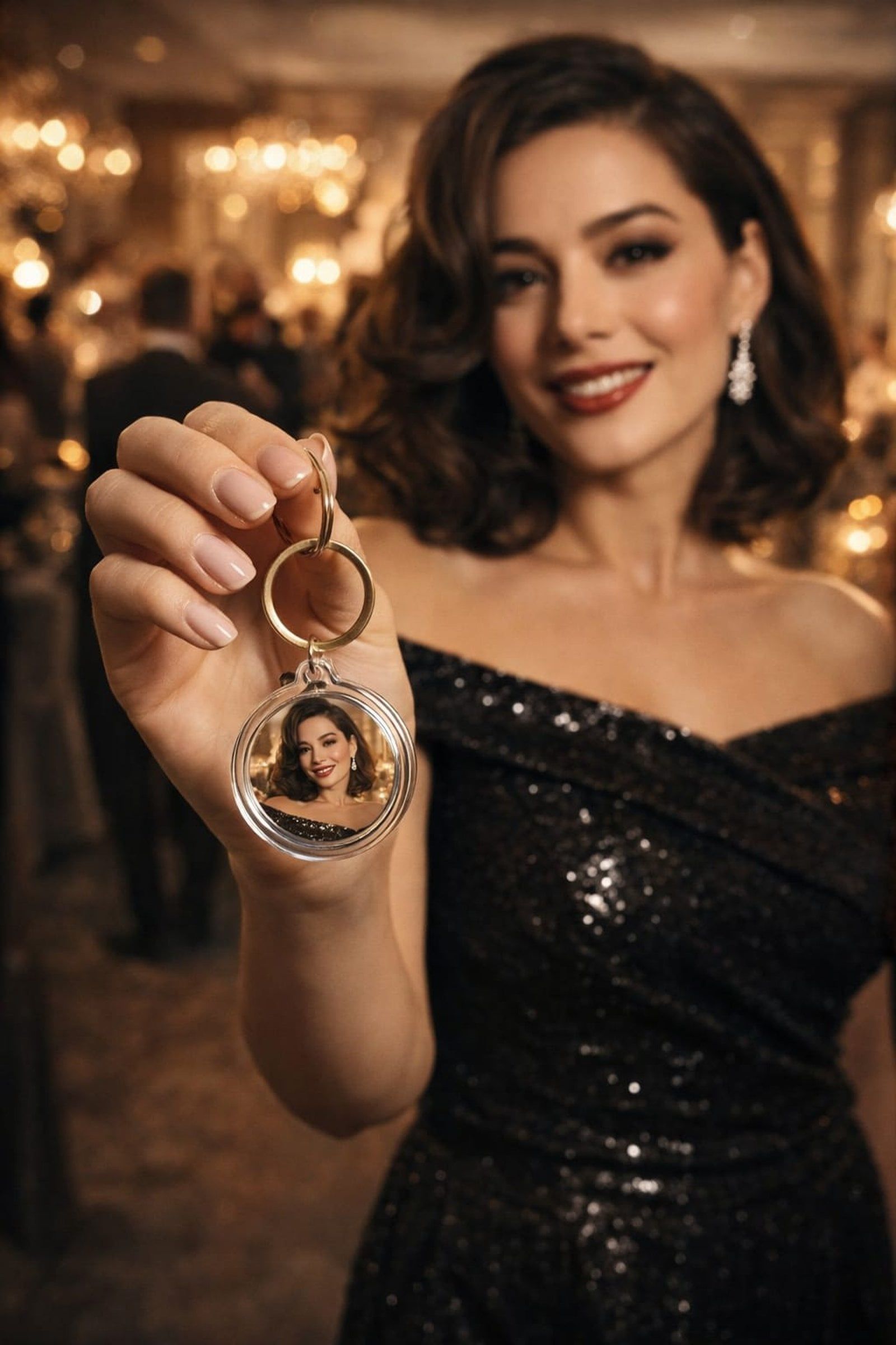 Woman in a black sequined dress holding up a pendant necklace in a warmly lit room