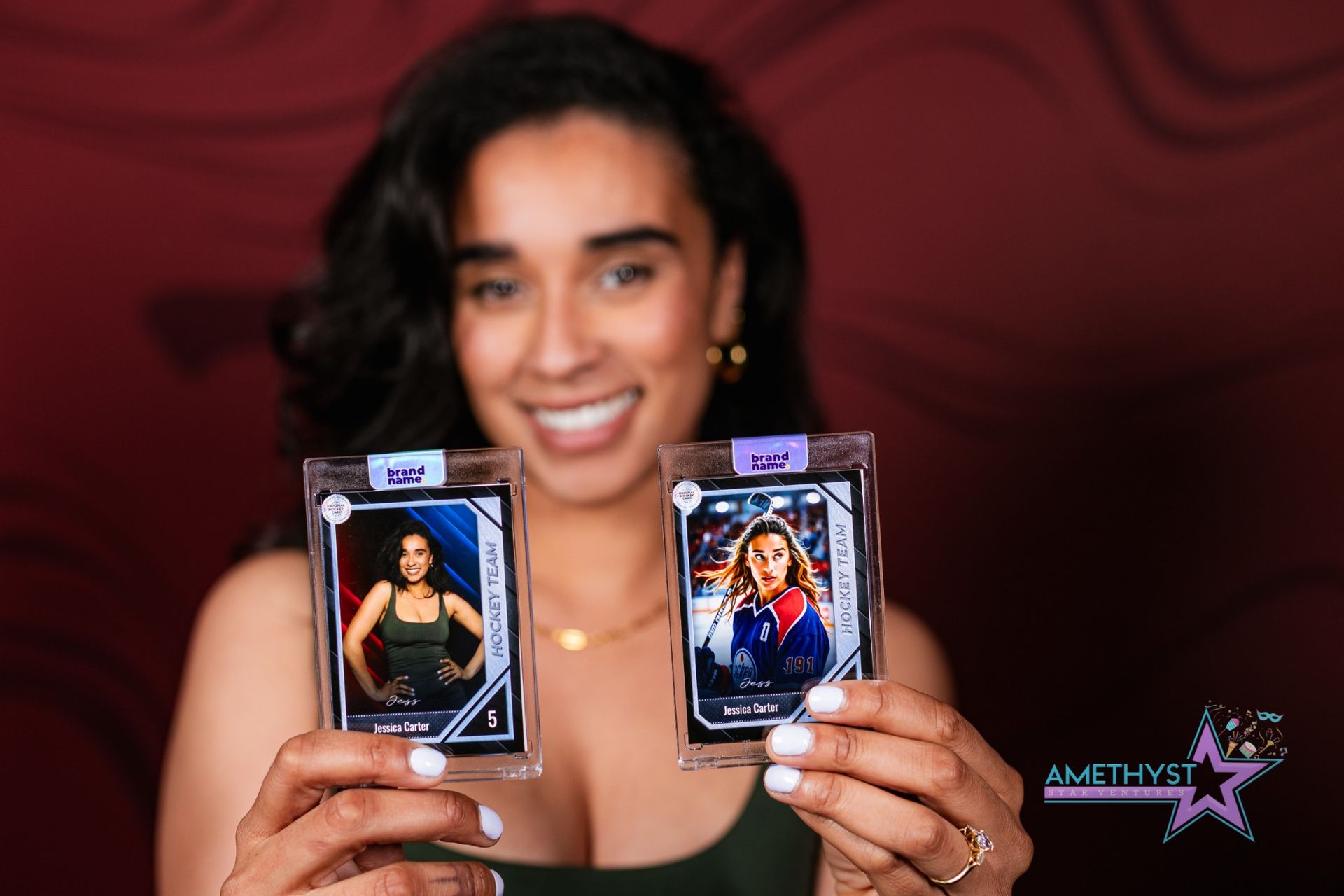 Guest displaying custom photo trading cards