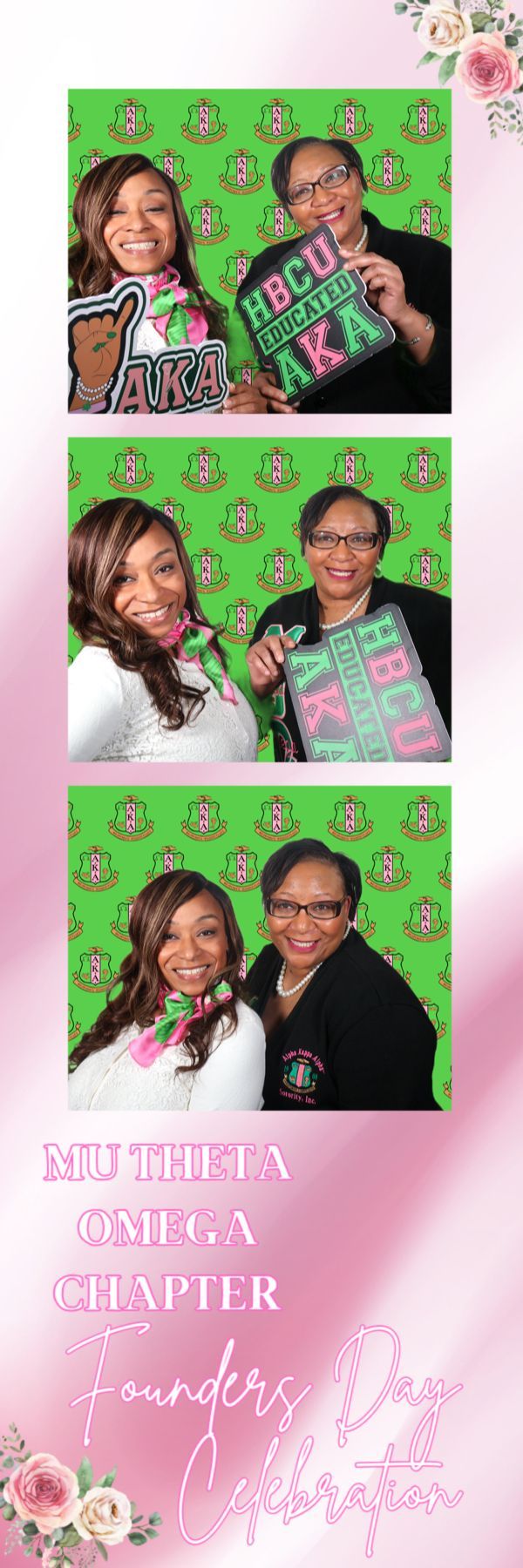 Three pose Alpha Kappa Alpha Founders Day photo booth strip with custom pink and green branding