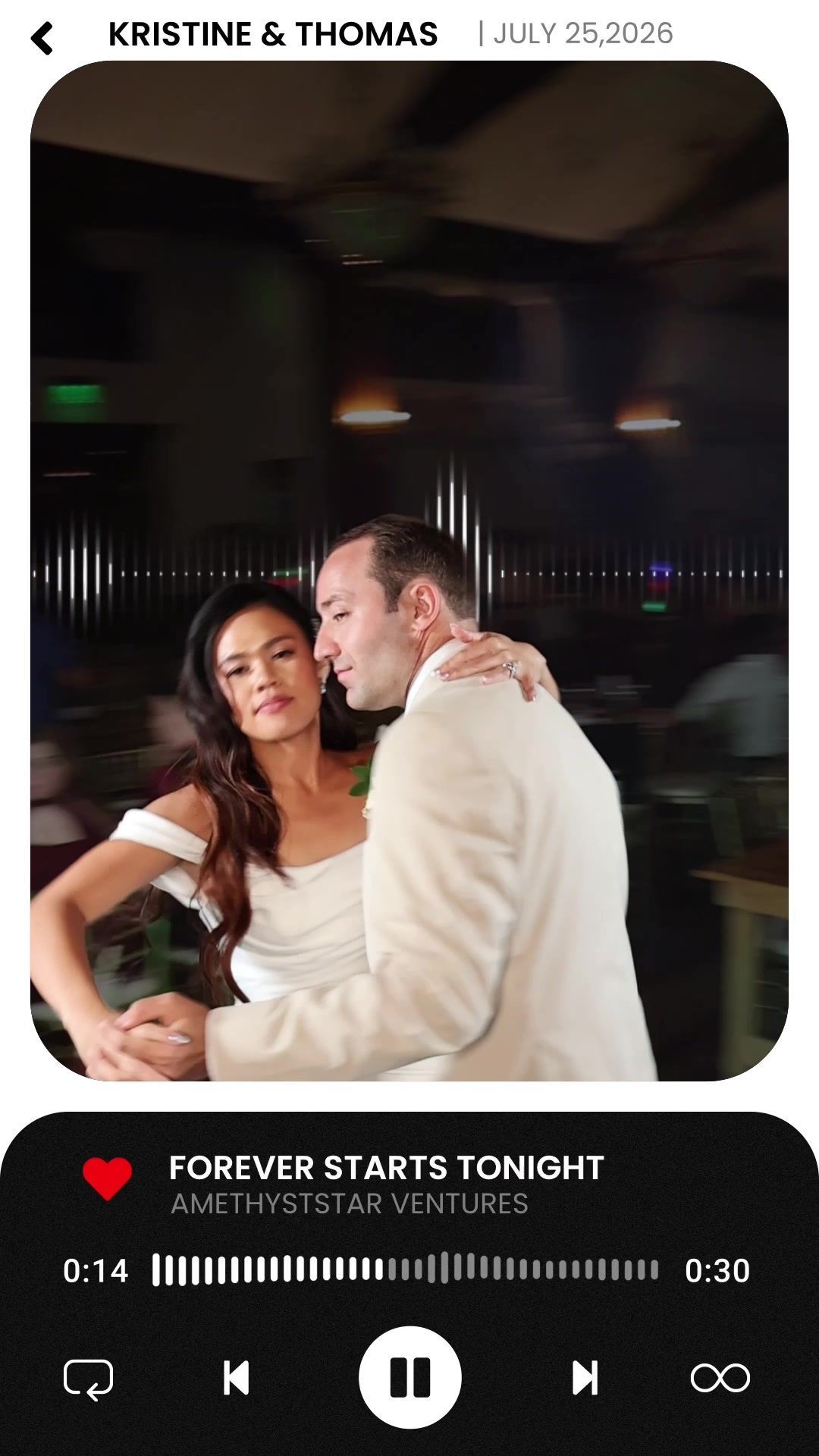 Bride and groom posing in a custom music player style 360 wedding video frame labeled Kristine and Thomas