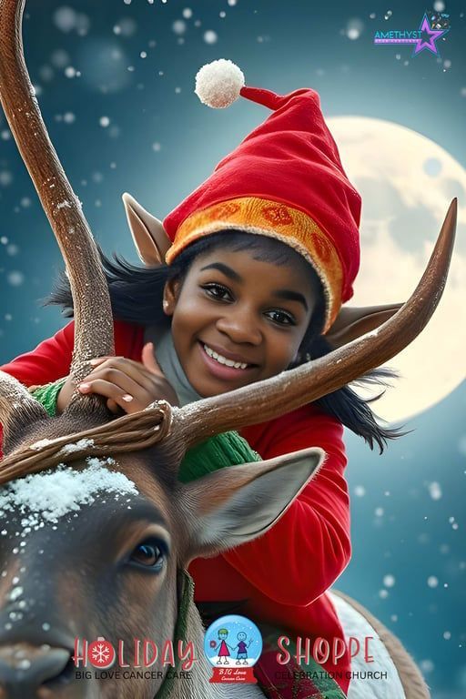 Smiling child in red holiday hat rides a reindeer in a snowy moonlit scene