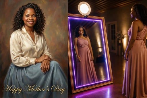 Mother’s Day collage: smiling woman in cream blouse beside a neon-framed mirror portrait in a dimly lit room