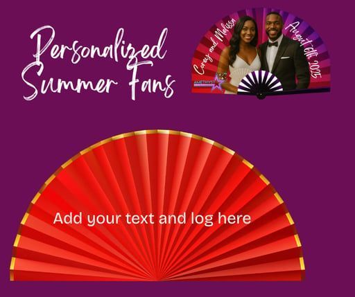 Personalised summer fans with red fan and sample fan design on purple background