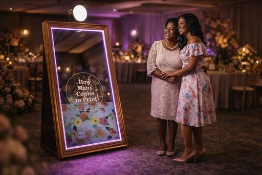 Two women posing beside a glowing mirror sign at a floral-lit evening event