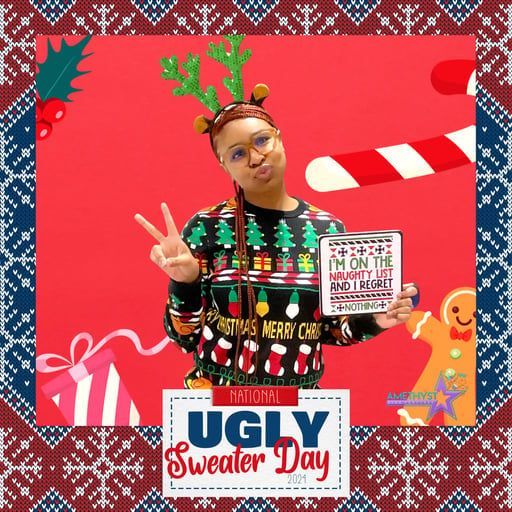 Person in festive sweater and reindeer antlers making a peace sign in front of a