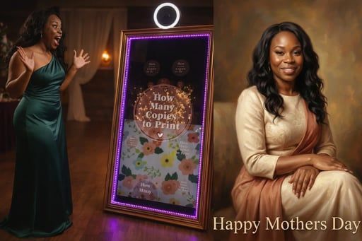 Woman in teal gown beside lit memorial frame with flowers, and a smiling portrait labeled “Happy Mother’s Day”