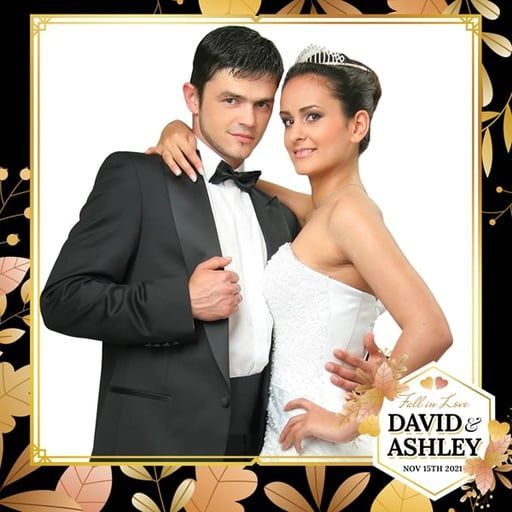 Couple in formal black-and-white attire posing for a David’s Bridal/David Ashley ad on a floral background