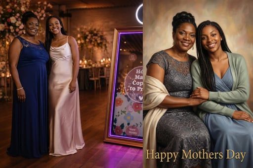 Two women posing at a Mother’s Day celebration, with a “Happy Mothers Day” sign and warm indoor lighting