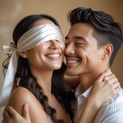 Smiling couple embracing, the woman wearing a white blindfold as they touch cheeks in a close indoor portrait