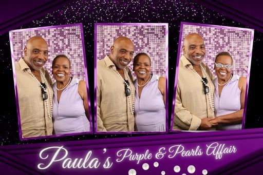 Purple collage of smiling couple with “Paula’s Purple & Pearls Affair” text and pearl accents