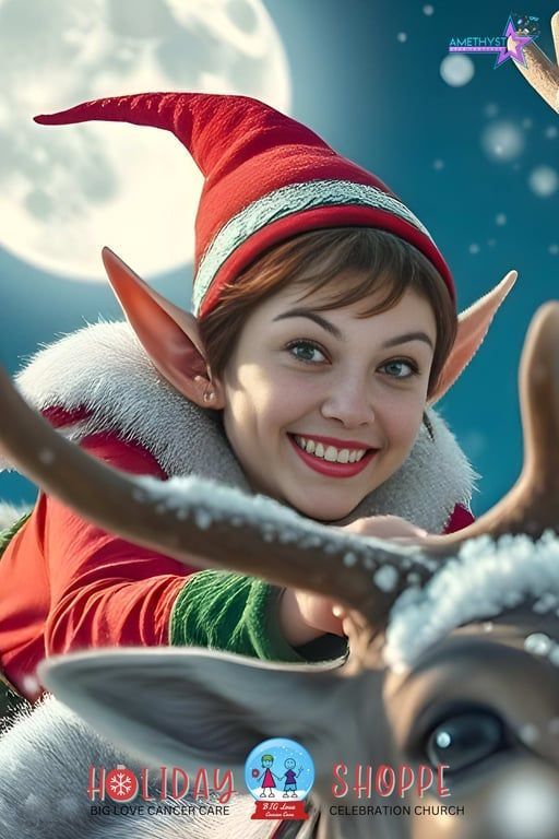 Smiling elf in red and green with fur trim, holding reins beside a reindeer in a snowy night scene