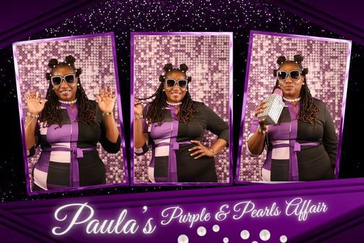Paula’s Purple & Pearls Affair flyer with three glam portraits on a purple sparkly background