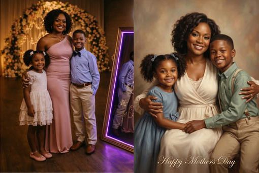 Mother with two children posing in soft pink outfits beside a neon-lit mirror portrait