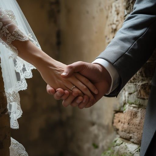 Bride and groom holding hands, with lace sleeve and dark suit in a rustic setting
