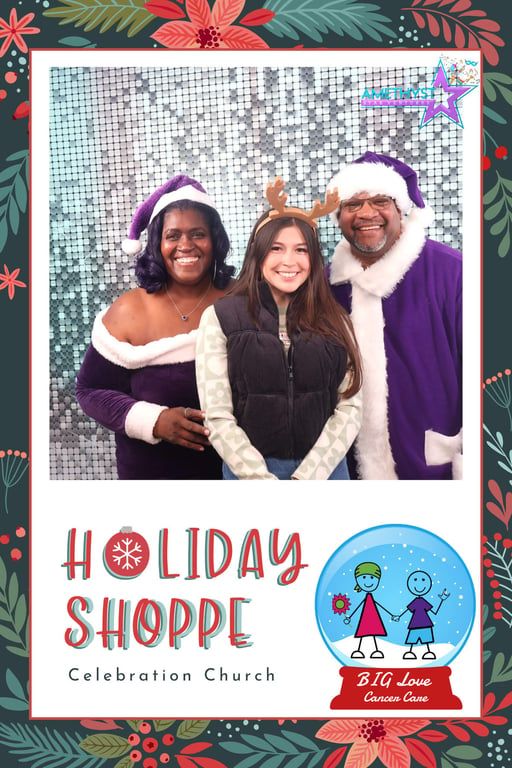 Holiday shoppe event poster with three smiling people in festive holiday attire.