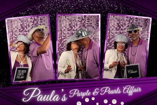 Paula’s Purple & Pearls Affair collage with three purple-themed party portraits in sparkly frames