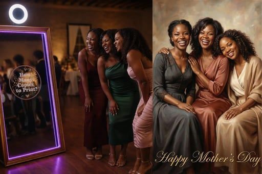 Mother’s Day collage of three smiling women posing together beside a glowing photo booth frame